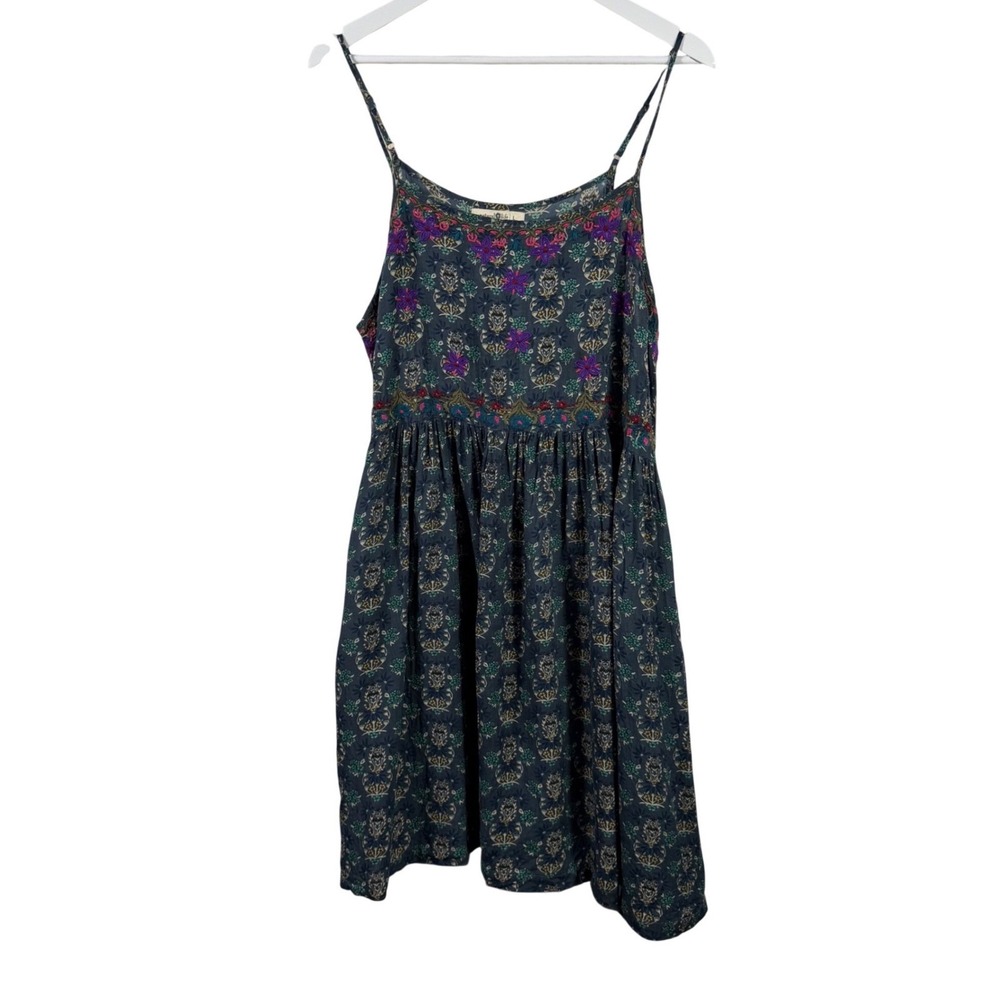 Natural Life Blue Floral Embroidered Boho Mini Dress Womens Large Rayon Pockets - Picture 2 of 12